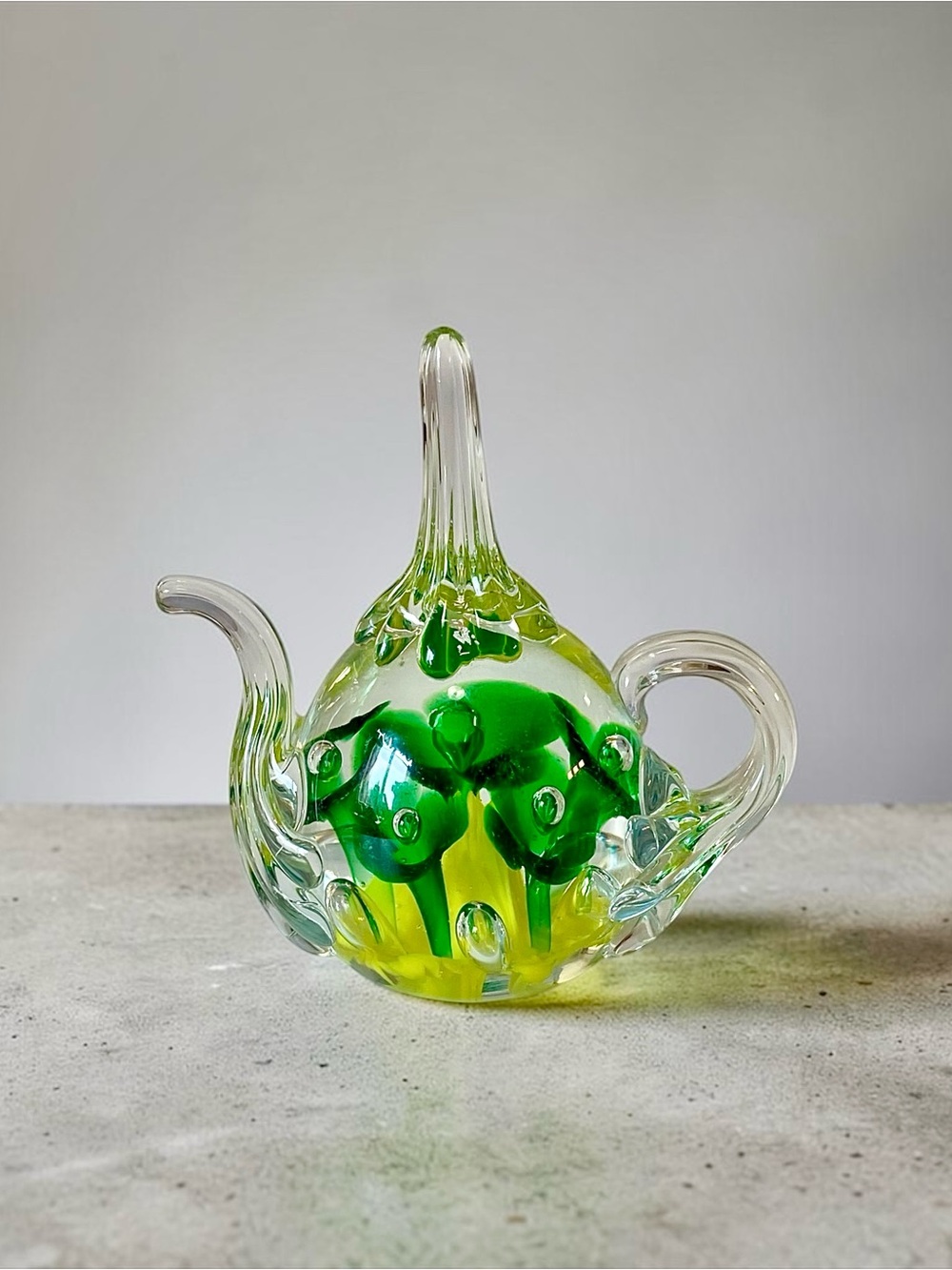 Vintage Joe St. Clair Art Glass Teapot Paperweight Ring Holder Floral Bubbles